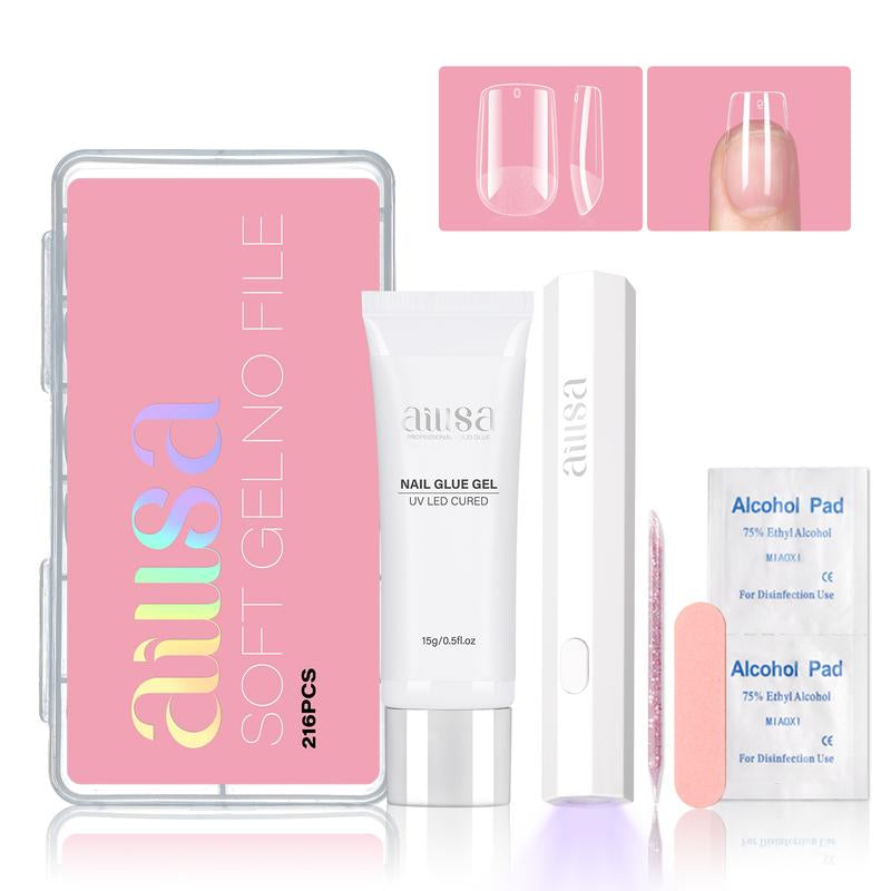 AILLSA DIY Nail Art Starter Kit Full Cover Clear Nailtips Acrylic Pre-Filed Fake Press on for Extension, 15G Strong Solid Nail Glue,Handheld UV Light