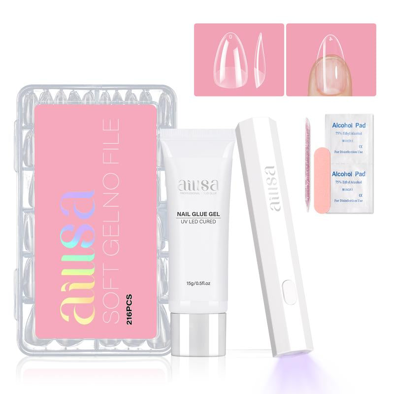 AILLSA DIY Nail Art Starter Kit Full Cover Clear Nailtips Acrylic Pre-Filed Fake Press on for Extension, 15G Strong Solid Nail Glue,Handheld UV Light