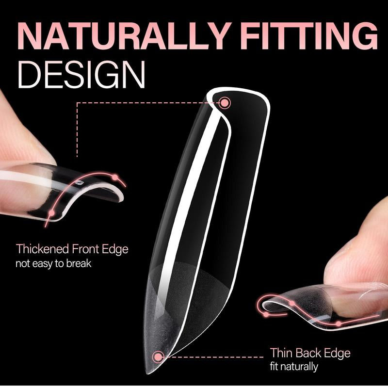 AILLSA DIY Nail Art Starter Kit Full Cover Clear Nailtips Acrylic Pre-Filed Fake Press on for Extension, 15G Strong Solid Nail Glue,Handheld UV Light