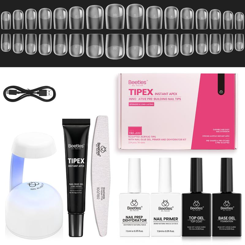 Beetles Tipex Pre-Building Instant Apex Nail Tips Kit – Square Stiletto Almond Coffin, 224PCS in 16 Sizes | Pre-Etched, Thick Full Cover Acrylic Tips with Nail Glue, Base & Top Coat, Nail Prep Kit, Mini UV Lamp Manicure Art DIY Gift for Women