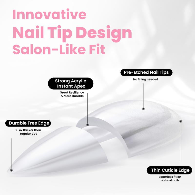 Beetles Tipex Pre-Building Instant Apex Nail Tips Kit – Square Stiletto Almond Coffin, 224PCS in 16 Sizes | Pre-Etched, Thick Full Cover Acrylic Tips with Nail Glue, Base & Top Coat, Nail Prep Kit, Mini UV Lamp Manicure Art DIY Gift for Women
