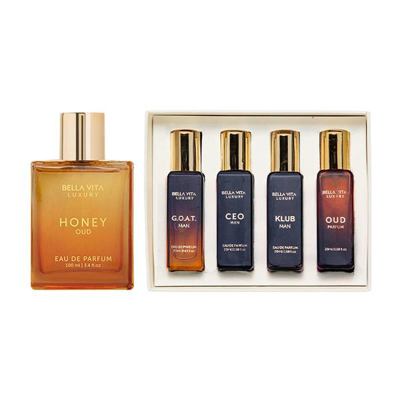 Timeless Legacy by Bellavita Luxury | 4X20 Ml Men’S Luxury Mini Perfume Set & Honey Oud EDP | Luxury Unisex Perfume for Men & Women | Long Lasting, Floral, Spicy & Woody Notes | Luxury, Vegan & Cruelty Free Eau De Parfum | Travel-Friendly