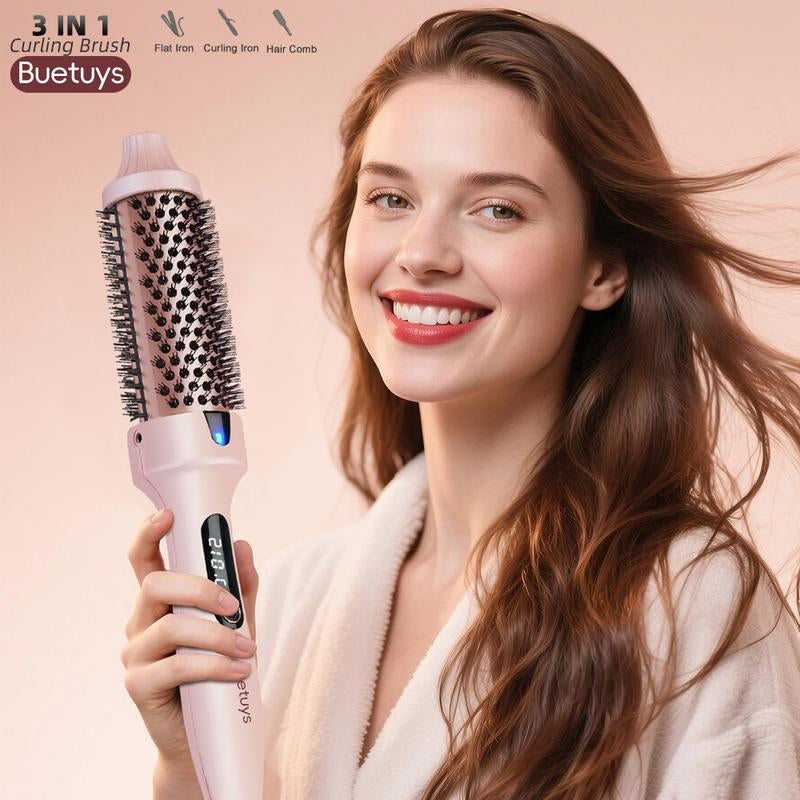 Buetuys 3-In-1 Rotating Curling Iron Brush with LED Display & Ionic Technology - 1.5" Barrel for All Types Auto-Spin Curler Thermal Brush-Pink Straightener Curler Curling Irons Styling Tools Diffuser Curly Crimper Anti-Frizz Sheglam Hair Curl