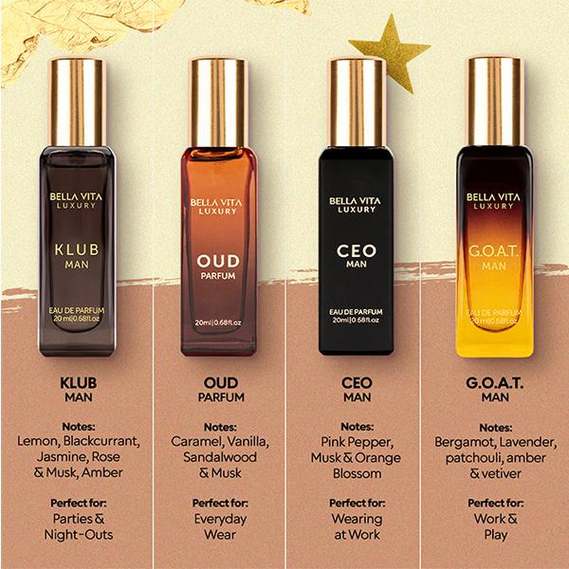 Timeless Legacy by Bellavita Luxury | 4X20 Ml Men’S Luxury Mini Perfume Set & Honey Oud EDP | Luxury Unisex Perfume for Men & Women | Long Lasting, Floral, Spicy & Woody Notes | Luxury, Vegan & Cruelty Free Eau De Parfum | Travel-Friendly