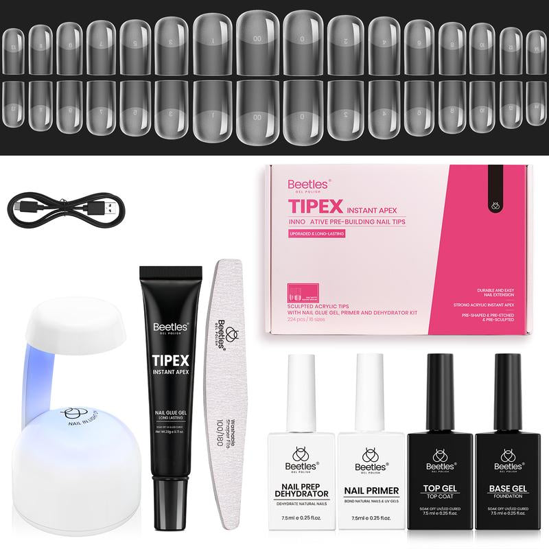 Beetles Tipex Pre-Building Instant Apex Nail Tips Kit – Square Stiletto Almond Coffin, 224PCS in 16 Sizes | Pre-Etched, Thick Full Cover Acrylic Tips with Nail Glue, Base & Top Coat, Nail Prep Kit, Mini UV Lamp Manicure Art DIY Gift for Women