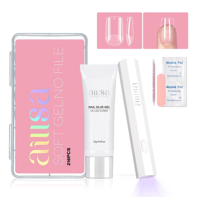 AILLSA DIY Nail Art Starter Kit Full Cover Clear Nailtips Acrylic Pre-Filed Fake Press on for Extension, 15G Strong Solid Nail Glue,Handheld UV Light