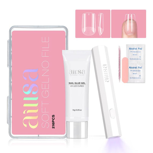 AILLSA DIY Nail Art Starter Kit Full Cover Clear Nailtips Acrylic Pre-Filed Fake Press on for Extension, 15G Strong Solid Nail Glue,Handheld UV Light
