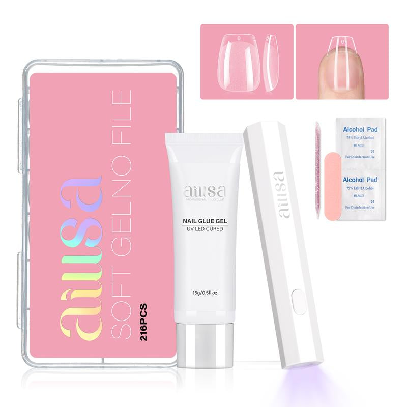 AILLSA DIY Nail Art Starter Kit Full Cover Clear Nailtips Acrylic Pre-Filed Fake Press on for Extension, 15G Strong Solid Nail Glue,Handheld UV Light