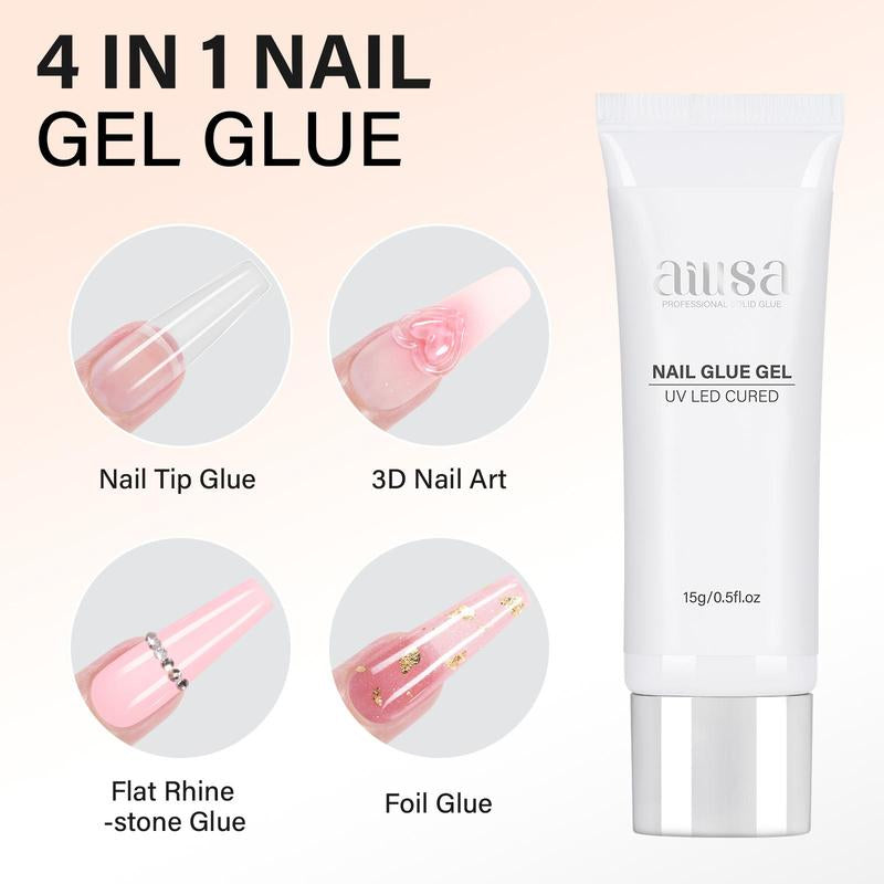 AILLSA DIY Nail Art Starter Kit Full Cover Clear Nailtips Acrylic Pre-Filed Fake Press on for Extension, 15G Strong Solid Nail Glue,Handheld UV Light