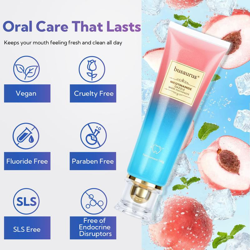 Whitening Niacinamide Toothpaste - Peach Mint Flavor | Vegan, Fluoride-Free, Antiplaque & Fresh Breath | Oral Hygiene Essentials Daily Intensive