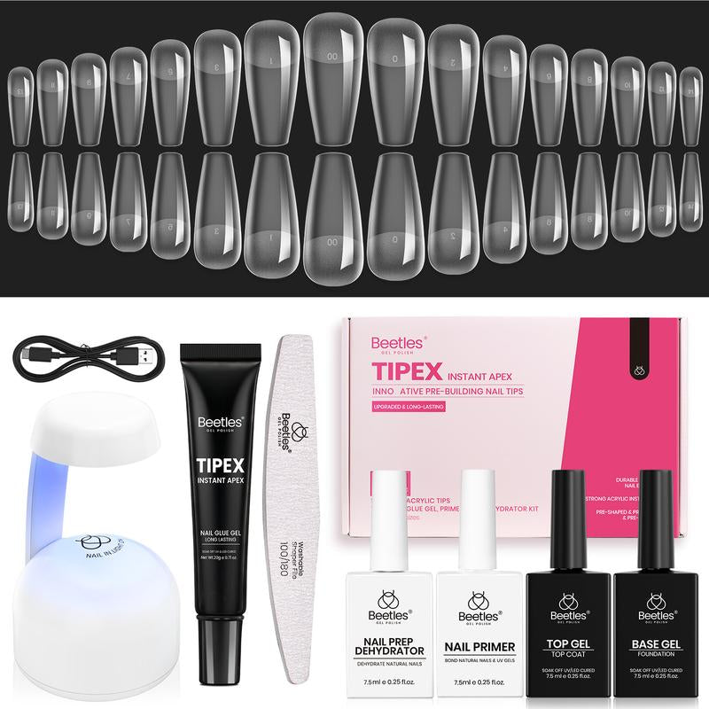 Beetles Tipex Pre-Building Instant Apex Nail Tips Kit – Square Stiletto Almond Coffin, 224PCS in 16 Sizes | Pre-Etched, Thick Full Cover Acrylic Tips with Nail Glue, Base & Top Coat, Nail Prep Kit, Mini UV Lamp Manicure Art DIY Gift for Women