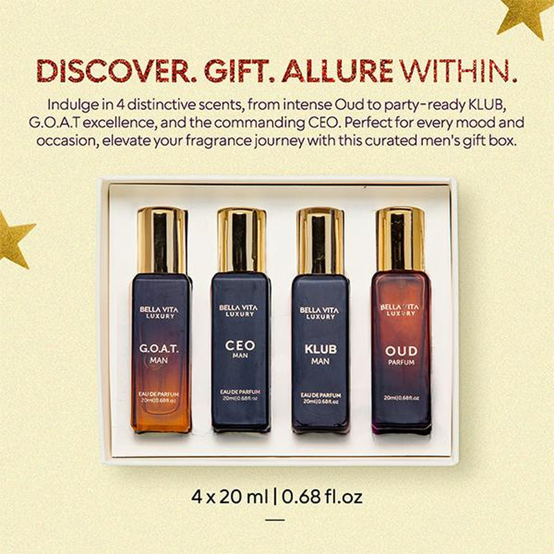Timeless Legacy by Bellavita Luxury | 4X20 Ml Men’S Luxury Mini Perfume Set & Honey Oud EDP | Luxury Unisex Perfume for Men & Women | Long Lasting, Floral, Spicy & Woody Notes | Luxury, Vegan & Cruelty Free Eau De Parfum | Travel-Friendly