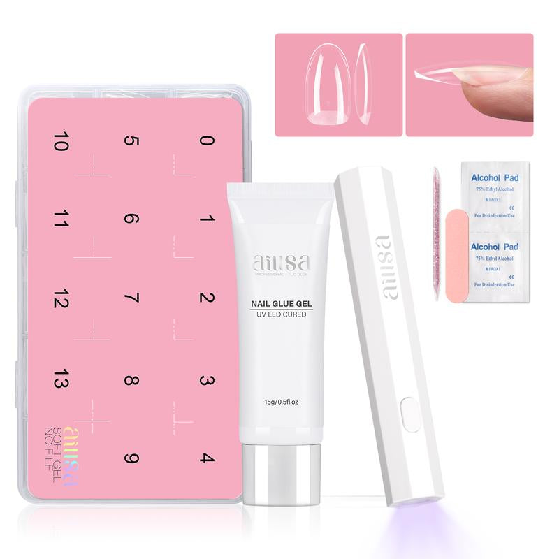 AILLSA DIY Nail Art Starter Kit Full Cover Clear Nailtips Acrylic Pre-Filed Fake Press on for Extension, 15G Strong Solid Nail Glue,Handheld UV Light