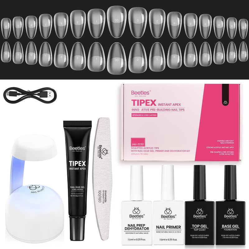 Beetles Tipex Pre-Building Instant Apex Nail Tips Kit – Square Stiletto Almond Coffin, 224PCS in 16 Sizes | Pre-Etched, Thick Full Cover Acrylic Tips with Nail Glue, Base & Top Coat, Nail Prep Kit, Mini UV Lamp Manicure Art DIY Gift for Women