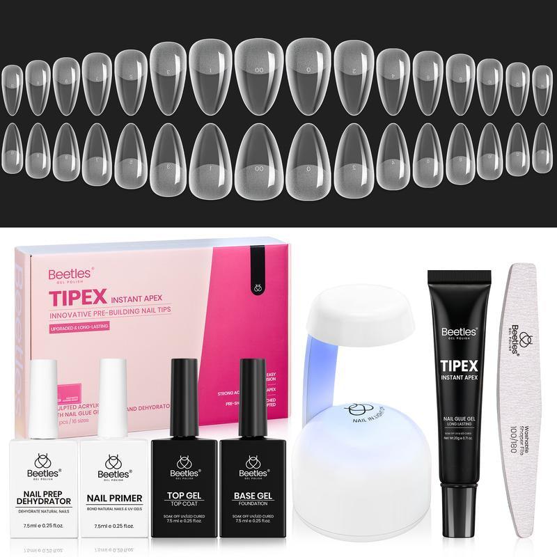 Beetles Tipex Pre-Building Instant Apex Nail Tips Kit – Square Stiletto Almond Coffin, 224PCS in 16 Sizes | Pre-Etched, Thick Full Cover Acrylic Tips with Nail Glue, Base & Top Coat, Nail Prep Kit, Mini UV Lamp Manicure Art DIY Gift for Women