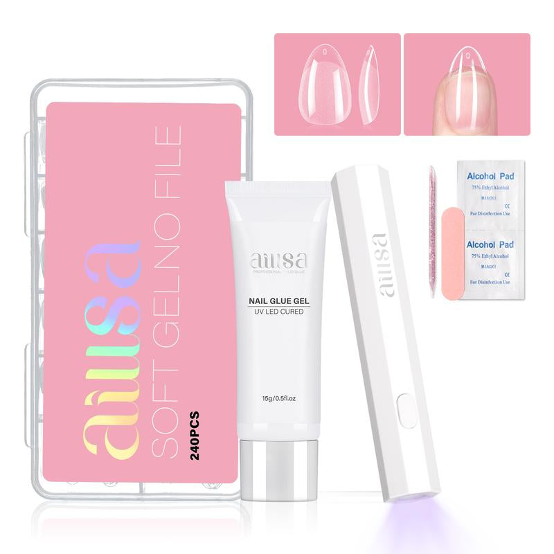 AILLSA DIY Nail Art Starter Kit Full Cover Clear Nailtips Acrylic Pre-Filed Fake Press on for Extension, 15G Strong Solid Nail Glue,Handheld UV Light