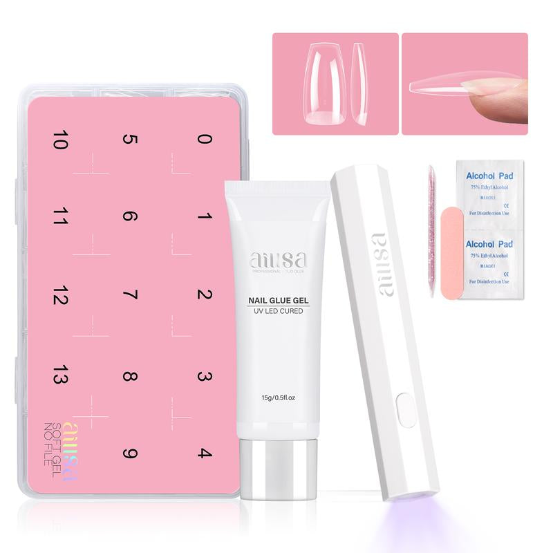 AILLSA DIY Nail Art Starter Kit Full Cover Clear Nailtips Acrylic Pre-Filed Fake Press on for Extension, 15G Strong Solid Nail Glue,Handheld UV Light