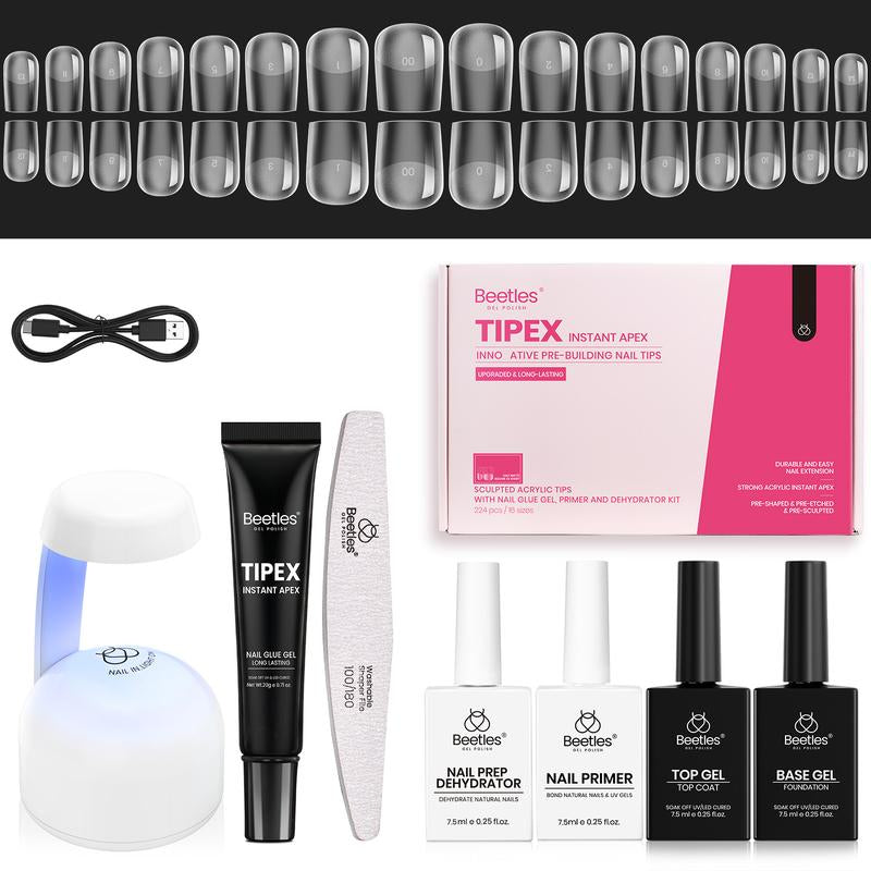 Beetles Tipex Pre-Building Instant Apex Nail Tips Kit – Square Stiletto Almond Coffin, 224PCS in 16 Sizes | Pre-Etched, Thick Full Cover Acrylic Tips with Nail Glue, Base & Top Coat, Nail Prep Kit, Mini UV Lamp Manicure Art DIY Gift for Women