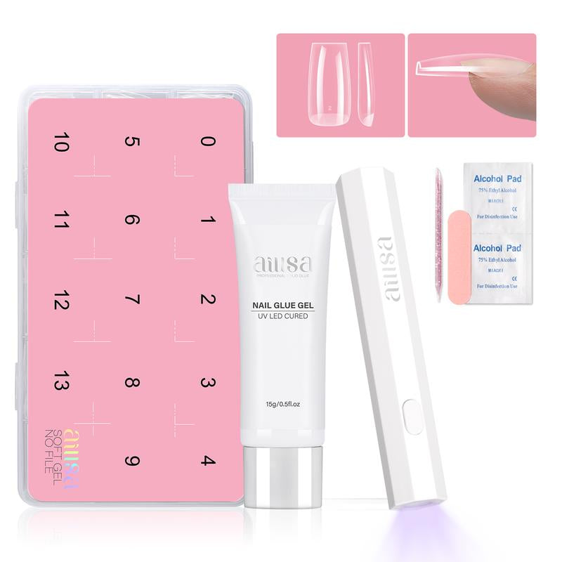 AILLSA DIY Nail Art Starter Kit Full Cover Clear Nailtips Acrylic Pre-Filed Fake Press on for Extension, 15G Strong Solid Nail Glue,Handheld UV Light