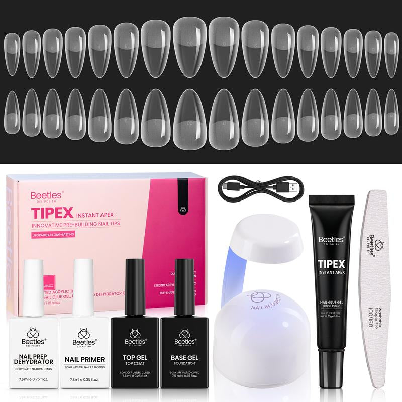 Beetles Tipex Pre-Building Instant Apex Nail Tips Kit – Square Stiletto Almond Coffin, 224PCS in 16 Sizes | Pre-Etched, Thick Full Cover Acrylic Tips with Nail Glue, Base & Top Coat, Nail Prep Kit, Mini UV Lamp Manicure Art DIY Gift for Women