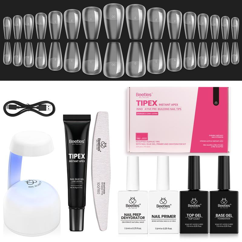 Beetles Tipex Pre-Building Instant Apex Nail Tips Kit – Square Stiletto Almond Coffin, 224PCS in 16 Sizes | Pre-Etched, Thick Full Cover Acrylic Tips with Nail Glue, Base & Top Coat, Nail Prep Kit, Mini UV Lamp Manicure Art DIY Gift for Women