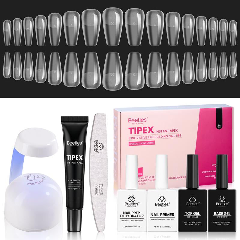 Beetles Tipex Pre-Building Instant Apex Nail Tips Kit – Square Stiletto Almond Coffin, 224PCS in 16 Sizes | Pre-Etched, Thick Full Cover Acrylic Tips with Nail Glue, Base & Top Coat, Nail Prep Kit, Mini UV Lamp Manicure Art DIY Gift for Women