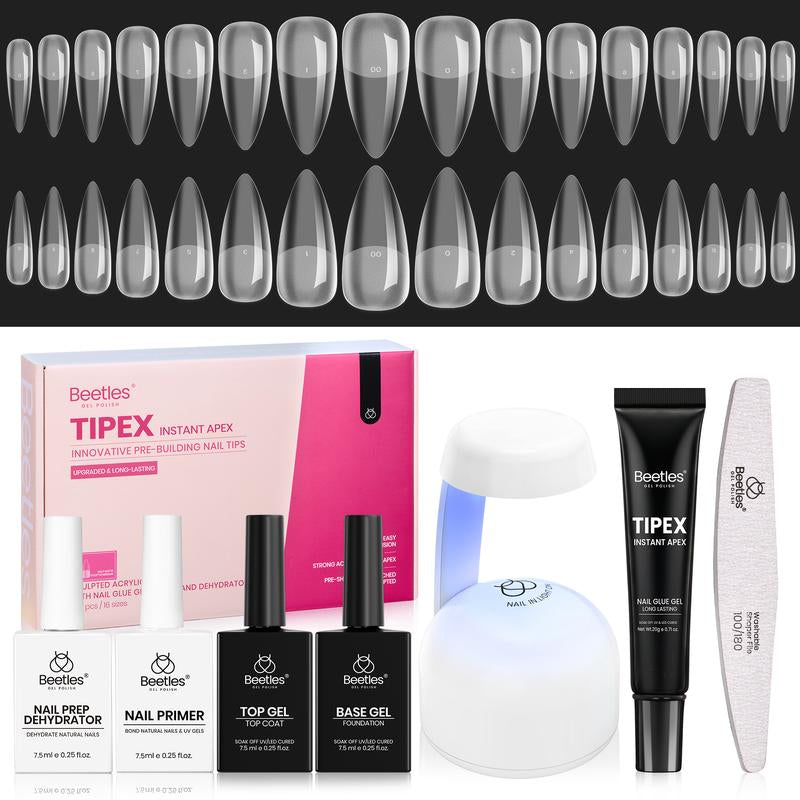 Beetles Tipex Pre-Building Instant Apex Nail Tips Kit – Square Stiletto Almond Coffin, 224PCS in 16 Sizes | Pre-Etched, Thick Full Cover Acrylic Tips with Nail Glue, Base & Top Coat, Nail Prep Kit, Mini UV Lamp Manicure Art DIY Gift for Women