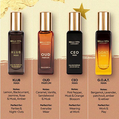 Timeless Legacy by Bellavita Luxury | 4X20 Ml Men’S Luxury Mini Perfume Set & Honey Oud EDP | Luxury Unisex Perfume for Men & Women | Long Lasting, Floral, Spicy & Woody Notes | Luxury, Vegan & Cruelty Free Eau De Parfum | Travel-Friendly